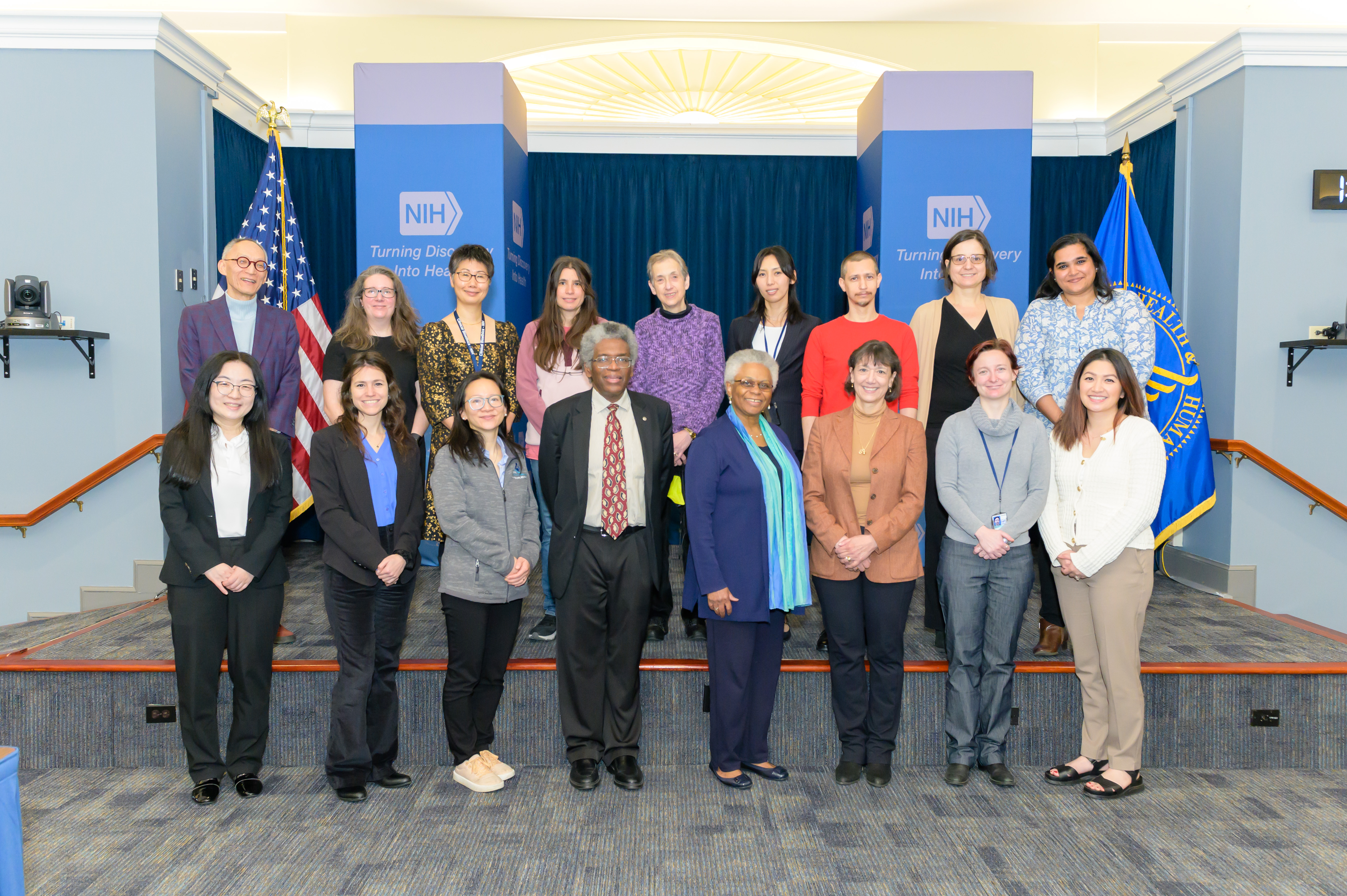 NIH Director Dr. Monica Bertagnolli and the NIH Distinguished Scholars Program Steering Committee with program leaders Dr. Carl Hashimoto, Dr. Nina Schor, Dr. Roland Owens, and Dr. Marie A. Bernard